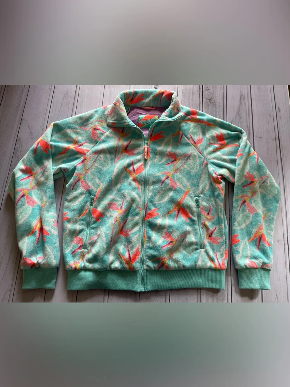 Chubbies fleece full zip jade bird of paradise floral pattern jacket. Medium